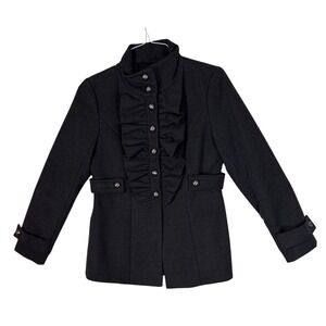 mac & jac Black Ruffle Front Military Style Jacket Stand Collar Size M